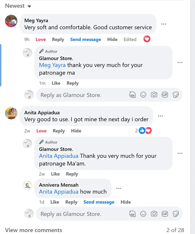 Facebook comments from customers of Glamour Store
