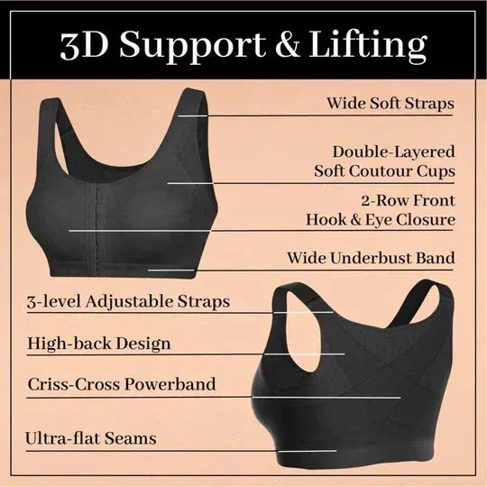 Diagram: wide soft straps, double-layered cups, front hook closure, criss-cross powerband